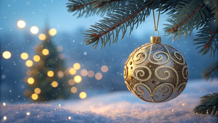 Golden ornament sparkle on snowy christmas tree branch with warm festive lights and falling snow in cozy winter holiday celebration atmosphere
