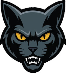 Fierce Black Cat Head Mascot with Yellow Eyes and Bared Fangs