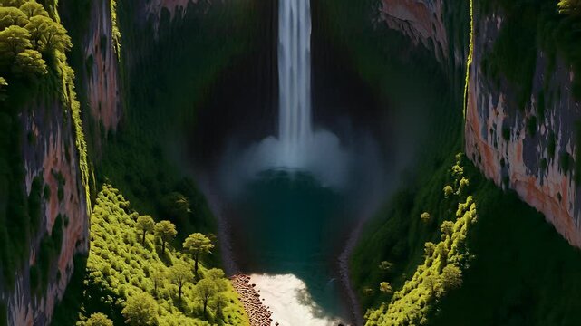 Majestic Tamul waterfall cascading down a rocky cliff into a lush green canyon with sunlight rays, captured in a cinematic aerial drone view for nature travel concepts.