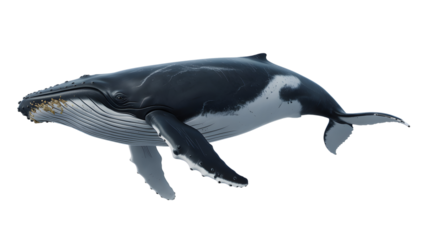 Majestic humpback whale swimming gracefully in deep ocean waters against a black background