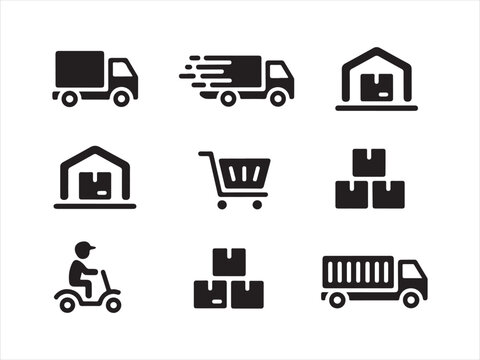 Concrete Logistics Icons. Solid, filled icons set, Food delivery icons set featuring scooter driver, gps, timer, mobile order, and takeout box vector
