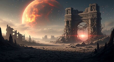 A desolate landscape with ruined structures and an ancient archway, illuminated by a fiery alien sun, sets a stage for a dramatic post-apocalyptic scene.