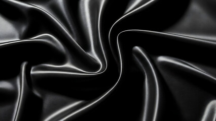 Luxurious black satin fabric with elegant folds and captivating highlights creating a smooth and sophisticated textile texture background
