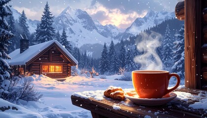 Cozy winter scene with a cabin, mountains, and a cup of coffee on a snow-covered porch. Sunlight and snow