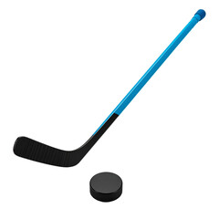Hockey Stick and Puck: A single ice hockey stick, its vibrant blue shaft and black blade positioned near a puck, epitomizing the spirit of winter sports and athletic competition.
