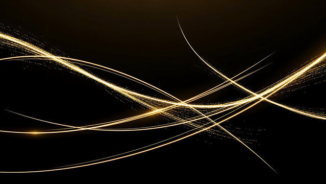 Abstract flowing golden light trails and sparkling particles creating a dynamic and energetic luminous wave pattern on a dark background - Powered by Adobe