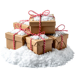 Festive Gift Boxes Amidst a Snowy Embrace: A stack of charming gift boxes, each wrapped with festive twine, rests upon a bed of pristine, fresh snow, evoking feelings of joy and anticipation. 