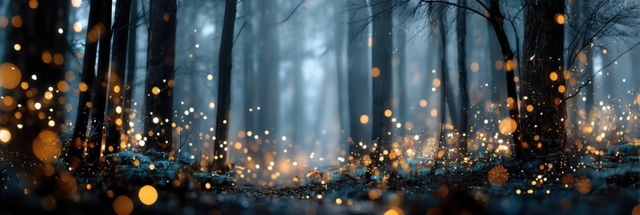 A mystical forest scene illuminated by glowing orbs, creating an enchanting atmosphere among the trees.
