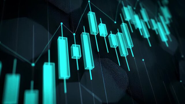 Glowing cyan financial candlesticks rising against a dark hexagonal grid in a cinematic 3D animation, illustrating a bullish stock market trend and business growth.