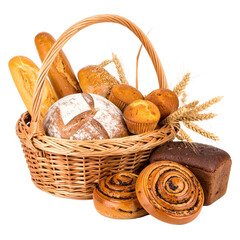 Basket of Baked Delights: A rustic wicker basket overflowing with a delightful assortment of freshly baked bread and pastries, a symphony of textures and aromas that celebrates the art of baking.