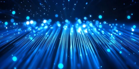 Abstract digital network visualization with glowing blue light beams and particles creating a sense of futuristic technology and data flow