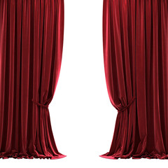 Scarlet Drapery: Two elegant scarlet curtains, intricately tied back, create a sense of anticipation and drama, inviting the viewer into a space of potential.