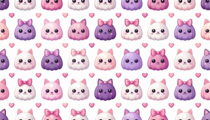 Adorable Seamless Pattern of Kawaii Cats with Hearts and Bows.