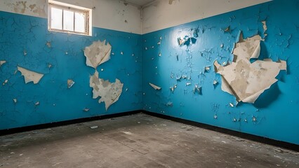 empty square room with Cracked blue paint on room peeled wall. Peeling off painted background