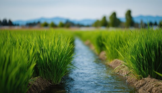 Lush green rice field with irrigation channel and distant hills.