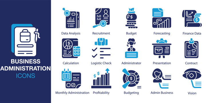 Business Administration Icon set. Containing corporate, finance, accounting, marketing, planning and more. Solid vector icons collection. Vector illustration.