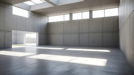 Empty square room with open space Multipurpose yard with concrete walls and floors showroom expansive concrete floor daytime backdrop architectural background