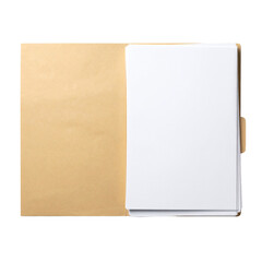 Document in the Sleeve: An open file containing many blank sheets of paper resting over a brown sleeve in studio setup. ready to add text, ready for presentation.