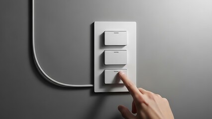 Hand pressing a sleek, minimalist light switch on a gray wall, emphasizing contemporary home design, smart living, and convenient illumination control in a modern interior