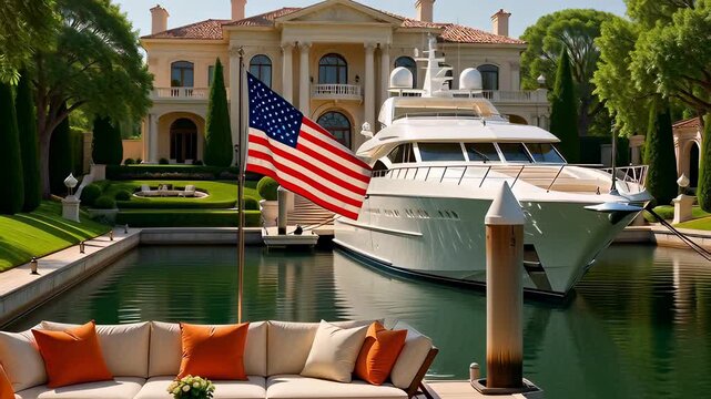 Luxury mega yacht docked at a palatial waterfront mansion with an American flag and outdoor lounge, depicting a billionaire lifestyle.