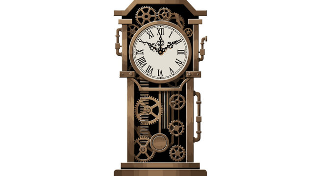A close-up shot of a grandfather clock with exposed engineering mechanisms and industrial design elements on a plain white background.