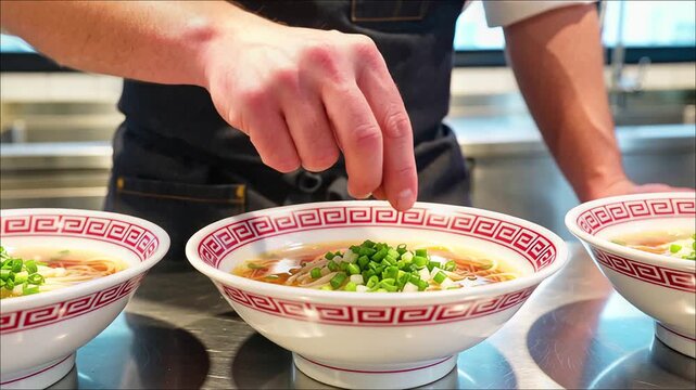 Chef's hand garnishing bowls of ramen noodles with chopped green onions in a commercial kitchen setting