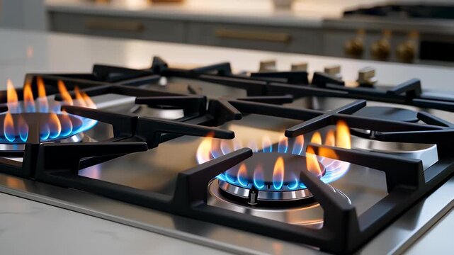 Close up of bright blue natural gas flames burning on a stainless steel stove hob in a modern kitchen, showcasing cooking heat and domestic energy efficiency concepts.