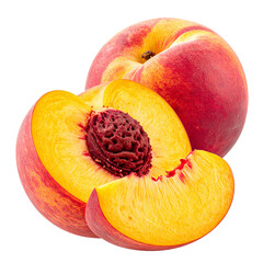 Juicy Peach Perfection: A trio of ripe peaches, one whole, one halved to reveal the textured pit, and a single slice, embody the essence of summer, the image of culinary delight.