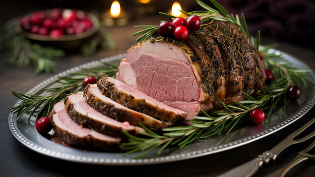 Gourmet Festtagsbraten mit Kr&auml;utern und Preiselbeeren
