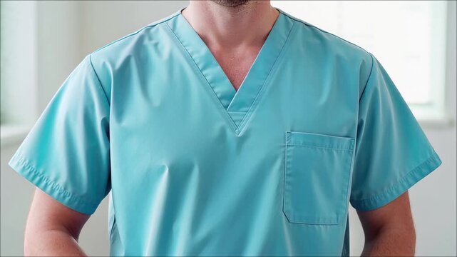 Close up view of a person wearing a short sleeved light blue medical scrub top with a V neck