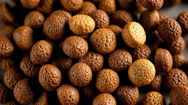 Textured brown kibble pieces of dry dog food falling and piling up in a cinematic macro 3D animation, illustrating pet nutrition concepts