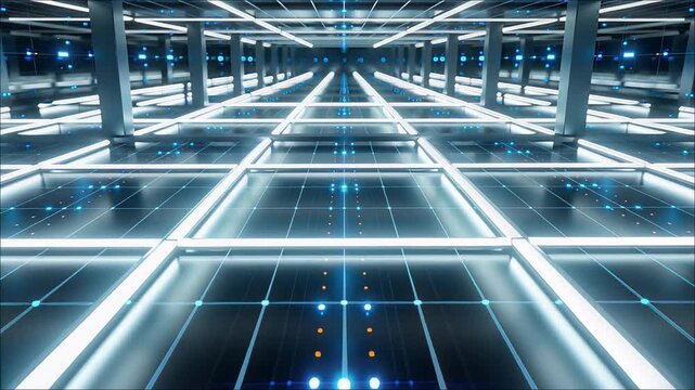 Glowing digital grid tunnel with receding perspective and blue data points