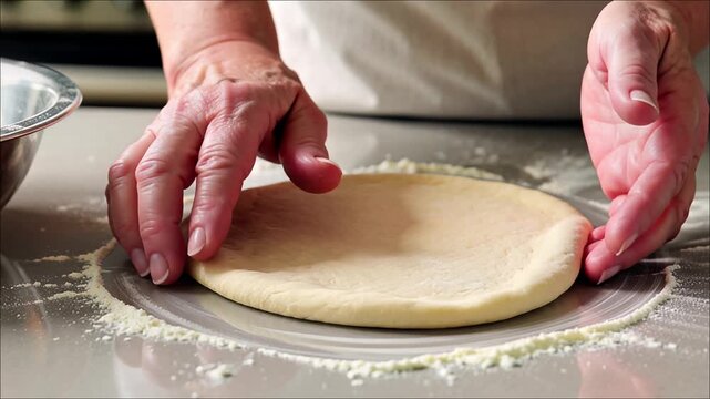 Elderly hands flatten raw pizza dough on a metal surface dusted with white flour