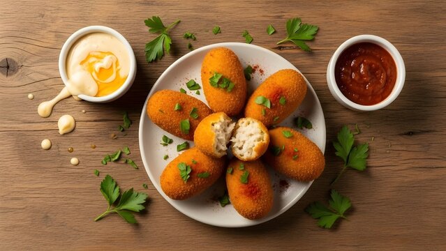 coxinhas arranged neatly on a table with a bowl of dipping sauce beside them. .Concept of gourmet snacks, organized food display, texture detail, and appetizing presentation.