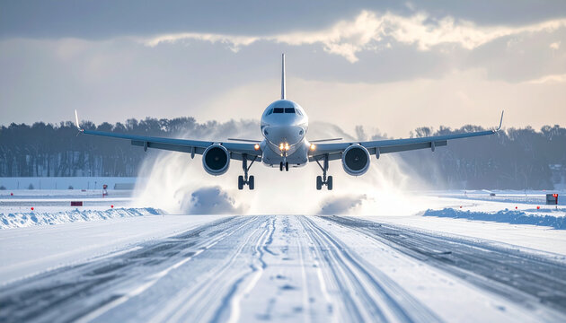 Winter flight cancellation occurs as passenger jet lands on snowy runway with icy conditions and cold weather causing travel disruption
