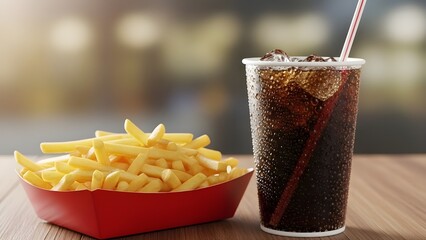 crispy french fries and a chilled soda arranged on a clean tabletop under soft ambient lighting. .Concept of casual dining, comfort food appeal, modern snack styling, and inviting visual simplicity.
