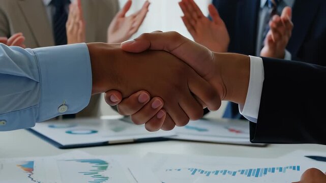 Close up of confident business partners shaking hands in a bright modern office to seal a partnership agreement, ideal for corporate collaboration concepts - Powered by Adobe