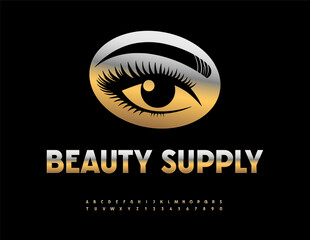 Vector Fashion badge Beauty Supply with Decorative Female Eye illustration. Glamorous Gold Font. Stylish set of Trendy Alphabet Letters and Numbers