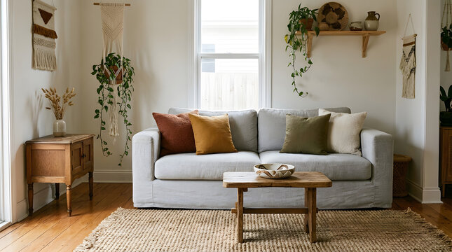 Boho living room interior with gray sofa and decor - Powered by Adobe