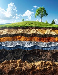 Cross-section depicting soil layers with a grassy surface and a vibrant tree under a bright blue sky. Layers of earth are exposed