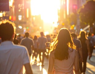 Crowd of people on a busy street backlit by the sun. Figure in the foreground is of a young woman walking