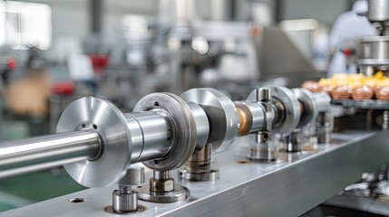 Fototapeta premium Detailed Close-Up of Industrial Machinery Component on Production Line for Manufacturing Process of Mechanical Parts in Factory Environment