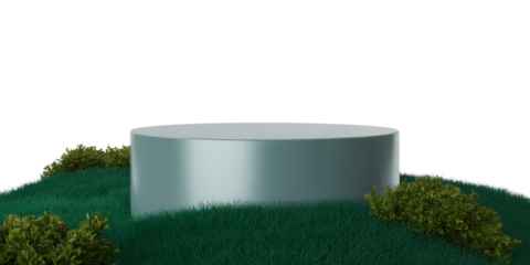 3d rendering of grass and shrub arrangements with podium and plants isolated on transparent background PNG