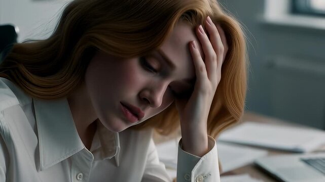 Stressed Caucasian businesswoman suffering from a severe headache and touching her forehead at an office desk, depicting corporate burnout and mental health issues.