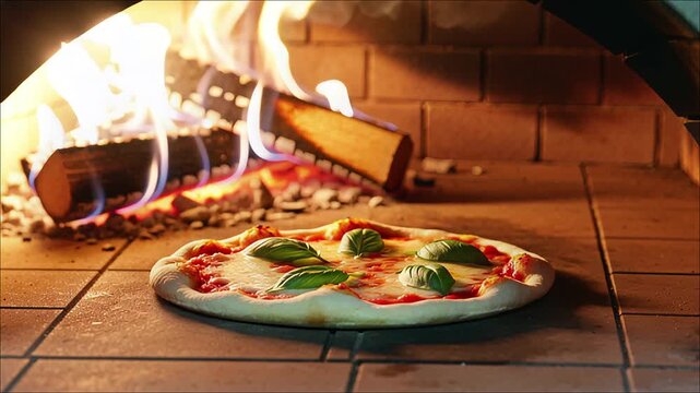 Fresh Margherita pizza baking on stone hearth beside vibrant flames inside a traditional wood fired oven
