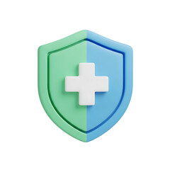 Obraz premium Green and blue shield emblem with white medical cross symbol representing protection and healthcare safety concept, isolated on a transparent background, png, cutout.
