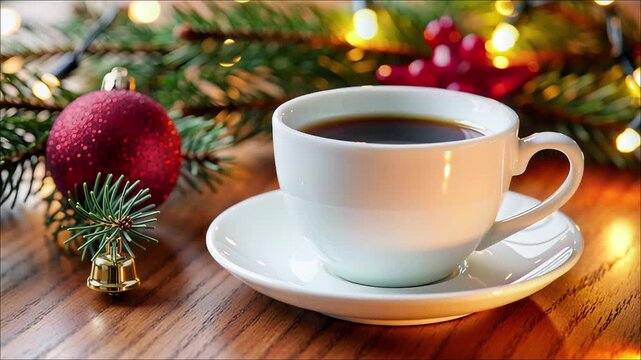 White coffee cup with dark liquid rests on a wooden table near festive Christmas decorations and string lights