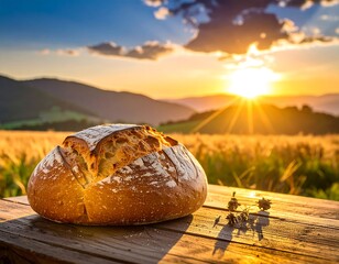 Crusty, freshly baked loaf sits on rustic wood, with a stunning sunset over a wheat field and mountain backdrop. Golden light bathes the scene