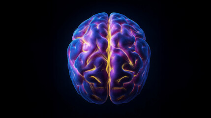 Glowing human brain with neural pathways illuminated in vibrant purple and yellow on dark background, futuristic medical concept  