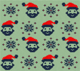 Seamless knit christmas pattern featuring pixel art santa claus faces and intricate snowflakes on a festive light green background. isolated on transparent background